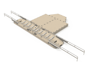 Accessible floating dock with wheelchair ramps, ideal for sports centers and marinas.