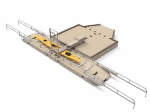 Accessible kayak launch station with safety railings at Camp & Cruise for watersports enthusiasts.