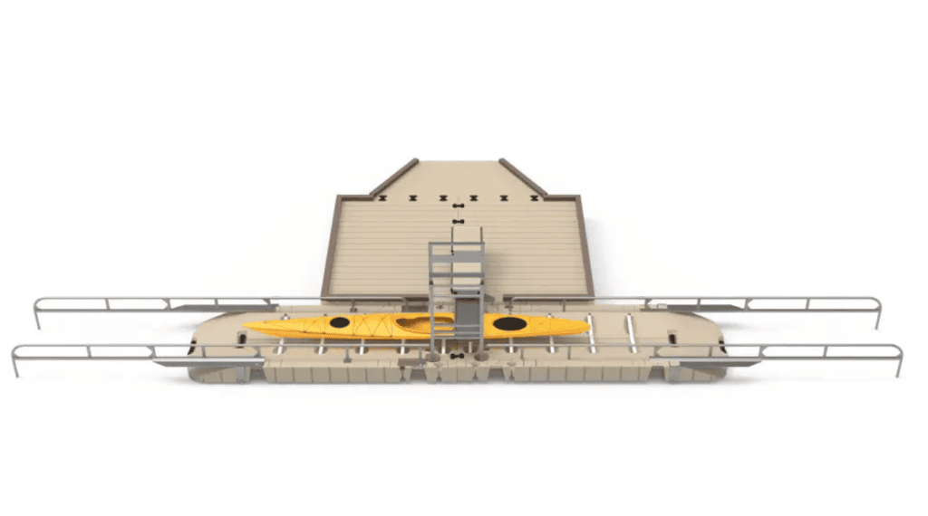 Aquatic sports facility featuring kayak storage and launch at Camp & Cruise. Perfect for water sports enthusiasts.