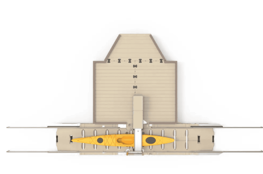 Covered outdoor sports center with kayak and golf cart facilities.