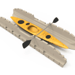 Durable yellow kayak with paddles for outdoor water sports at Camp & Cruise.