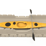 Bright yellow kayak with paddles in foam storage box. Perfect for outdoor water sports, aquatic adventure, and kayaking activities.