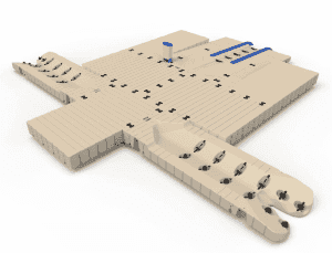 Bright, detailed model of Camp & Cruise with multiple courts and seating areas.
