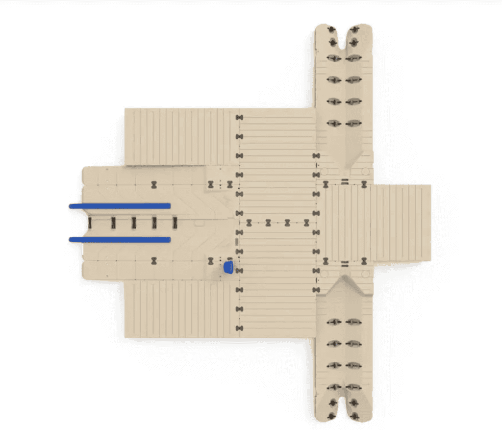 Durable wooden boat dock with multiple slips for fishing, boating, and water sports.