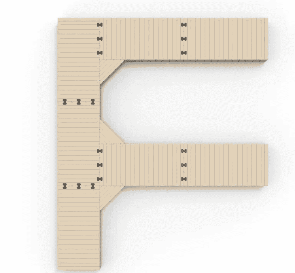 Durable wooden dock segment with black connectors for sports and recreation centers.