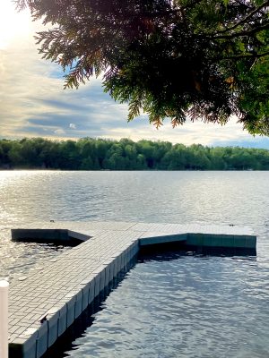 Beautiful lakeside dock surrounded by trees with a tranquil water view, ideal for outdoor recreation and leisure.