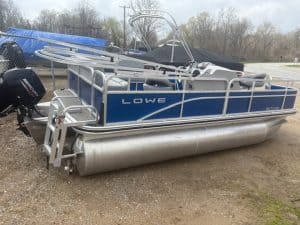 Pontoon boat for sale at Camp and Cruise, ideal for leisure and water sports.