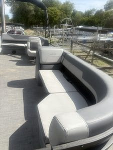 Lowe LS210 pontoon boat seating with spacious lounge area.
