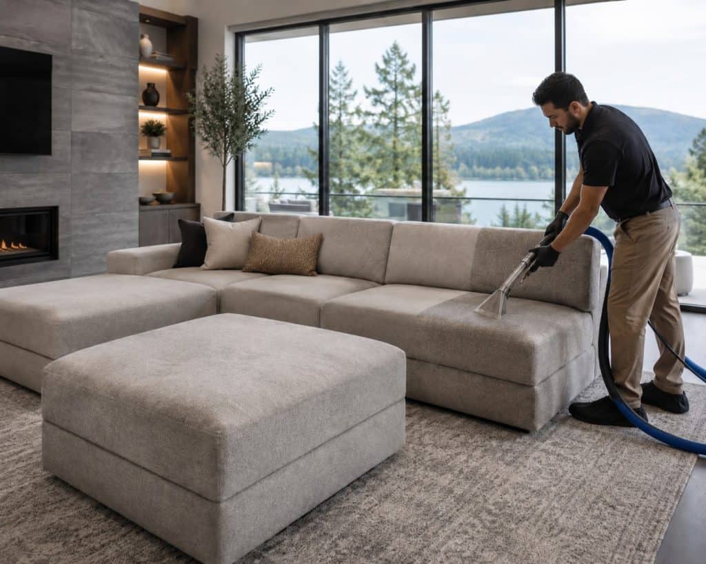 Professional upholstery cleaning of a modern sofa in a bright living room.