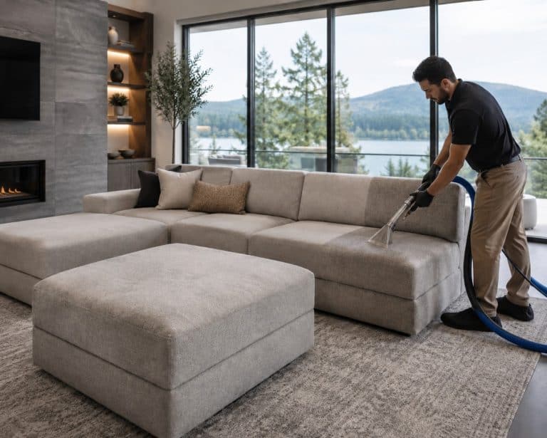 Professional upholstery cleaning of a modern sofa in a bright living room.