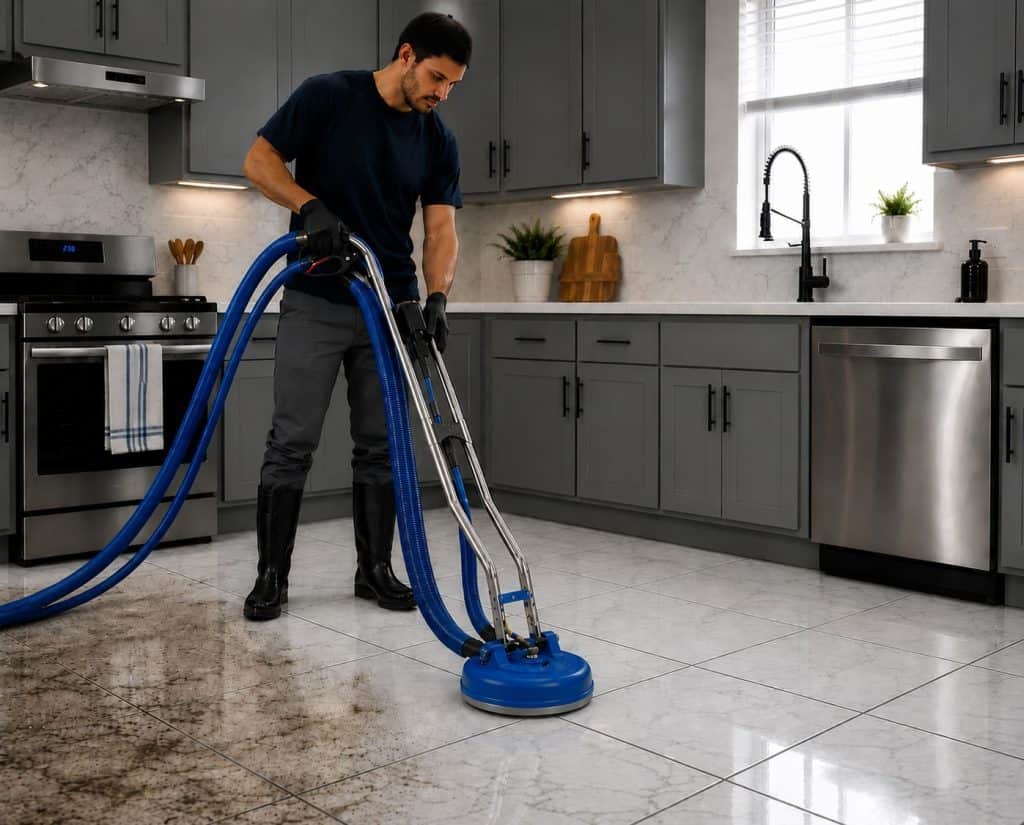 Man using carpet cleaning machine on kitchen floor for deep cleaning.