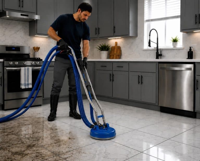 Man using carpet cleaning machine on kitchen floor for deep cleaning.