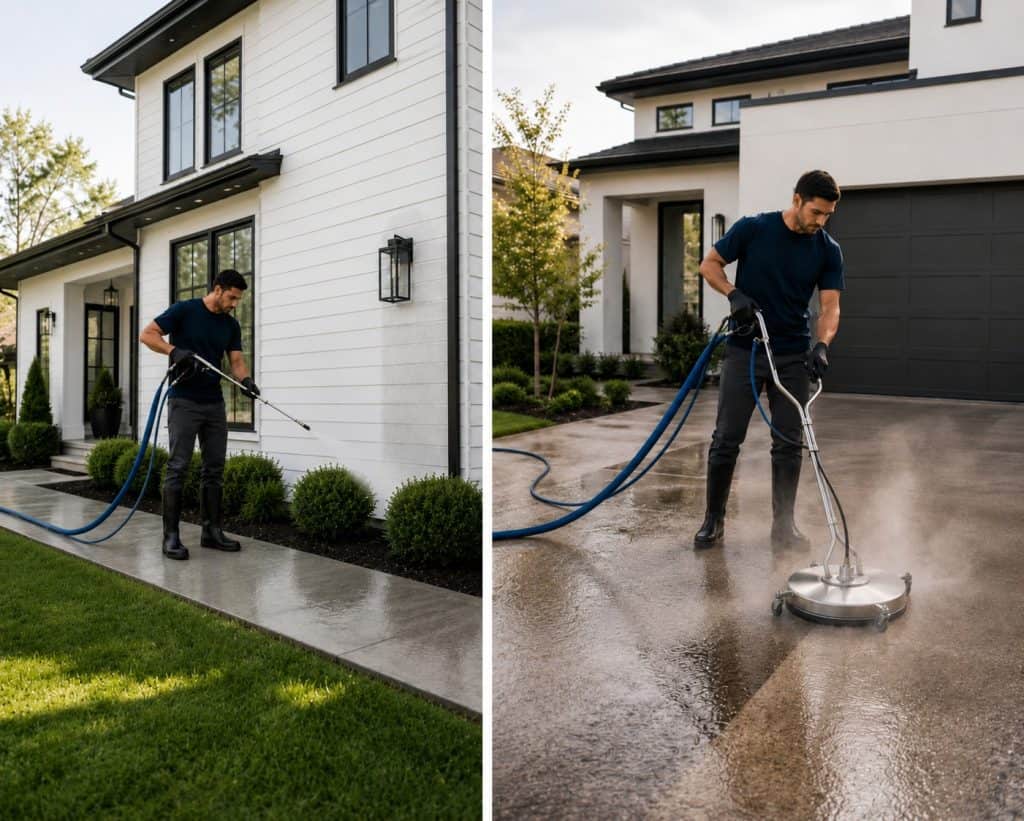 Professional power steam cleaning of driveway and sidewalk by Carpet Rescue Pro.