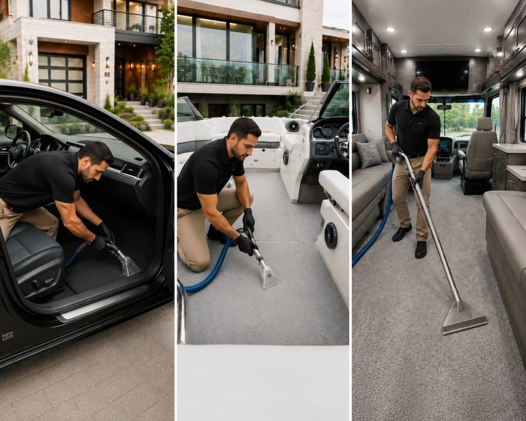 Technician cleaning car, RV, and boat carpets with professional equipment.