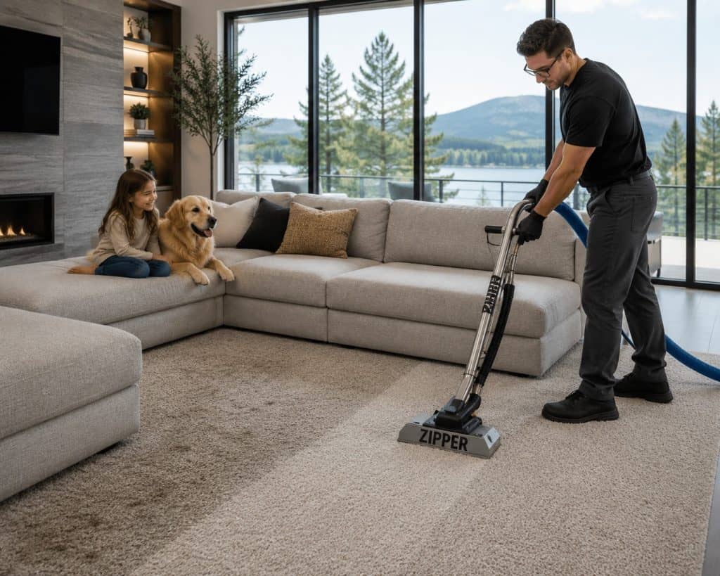 Man cleaning carpet with vacuum cleaner in modern living room.