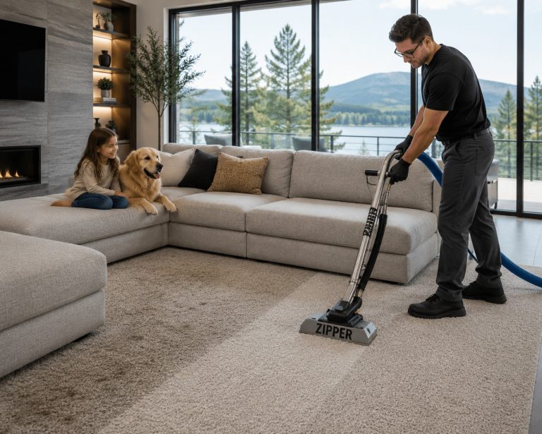 Man cleaning carpet with vacuum cleaner in modern living room.