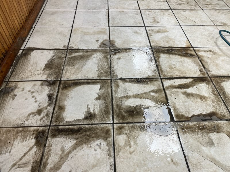 Dirty tile grout with stains and grime before professional cleaning.
