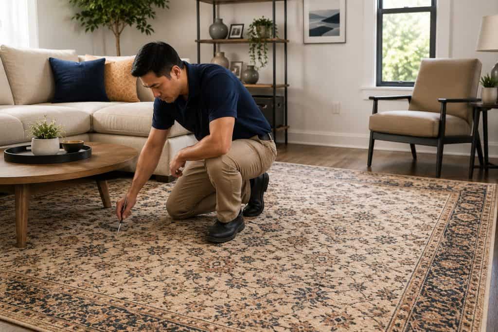 Man cleaning a large area rug in a modern living room.