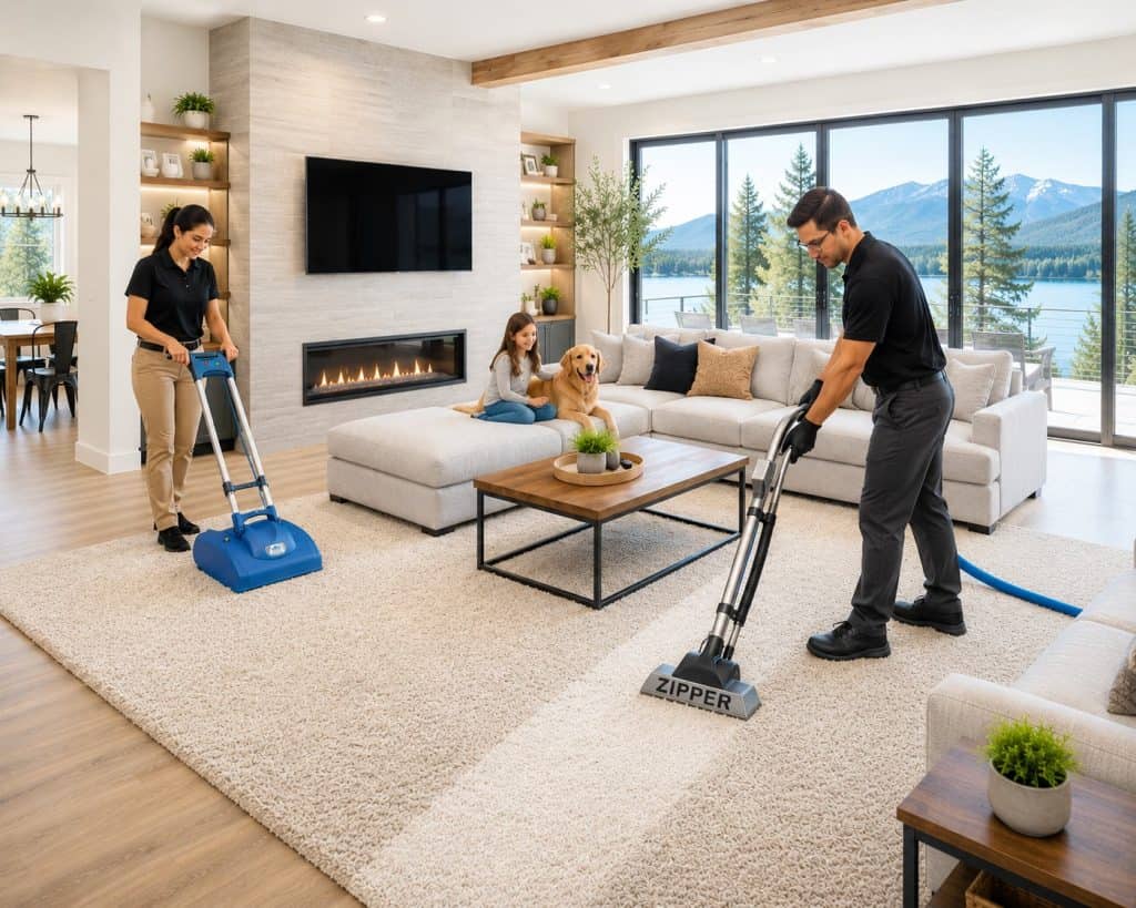 Two cleaners vacuuming carpet in a bright, modern living room with large windows and mountain view.