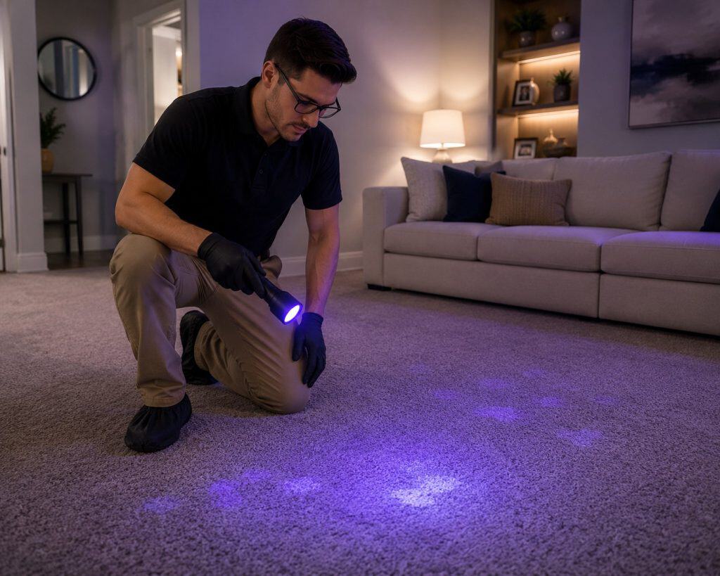 Technician inspecting carpet with UV light for stains and damage.
