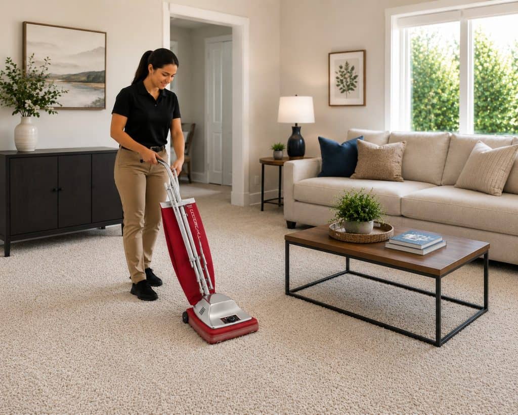 Woman using carpet cleaning machine in modern living room.