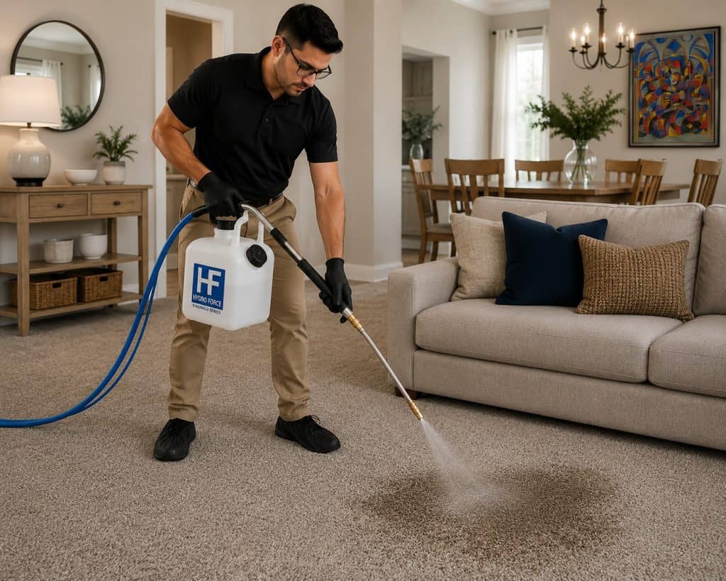 Man using professional carpet cleaning equipment in a modern living room.
