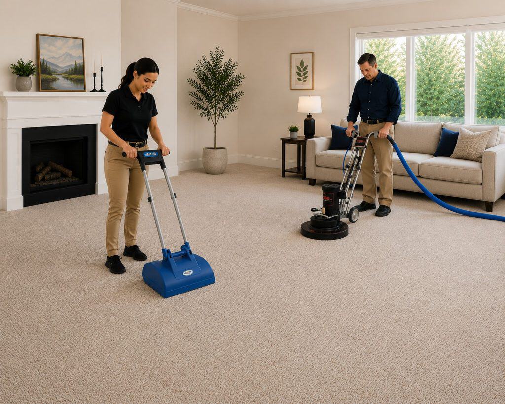 Two technicians cleaning a beige carpet with professional equipment in a living room.