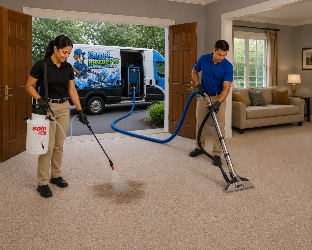 Carpet Rescue Pro team cleaning carpet with professional equipment.