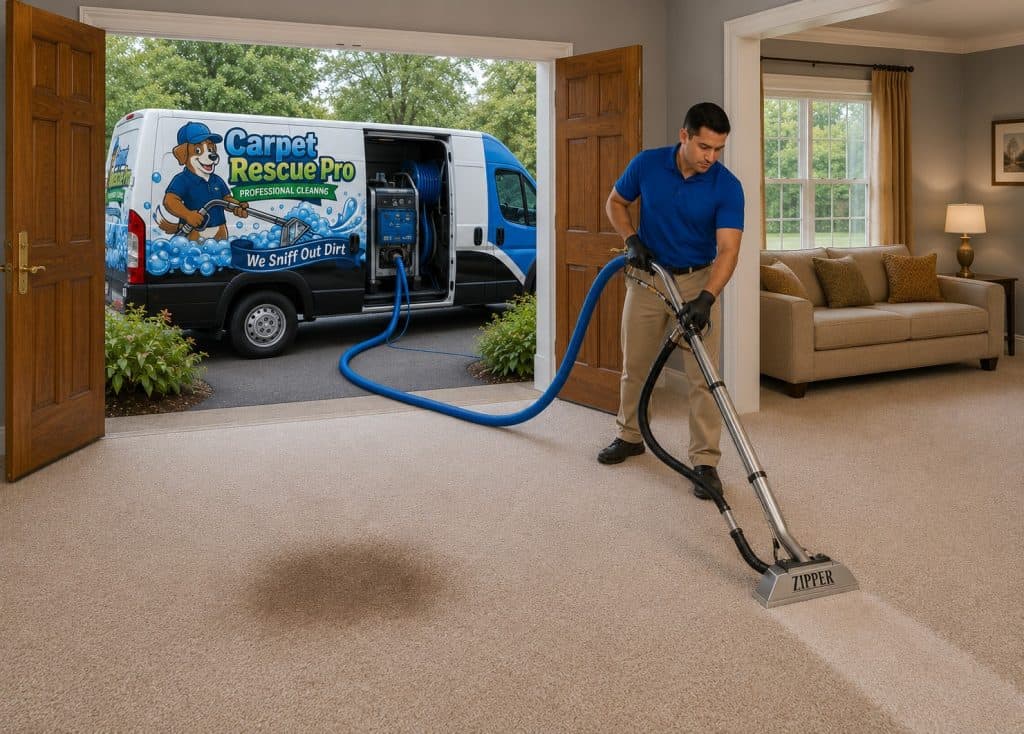 Technician cleaning carpet with professional equipment from Carpet Rescue Pro.