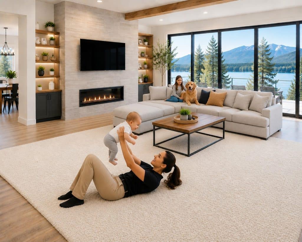 Spacious living room with large windows overlooking a lake and mountains, family playing on carpet.