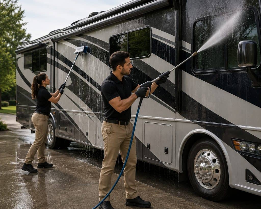 Professional RV cleaning with high-pressure water for spotless exterior.