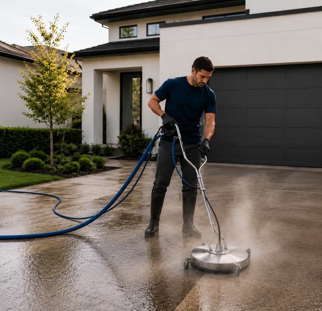 Man using power washer on driveway of contemporary house.