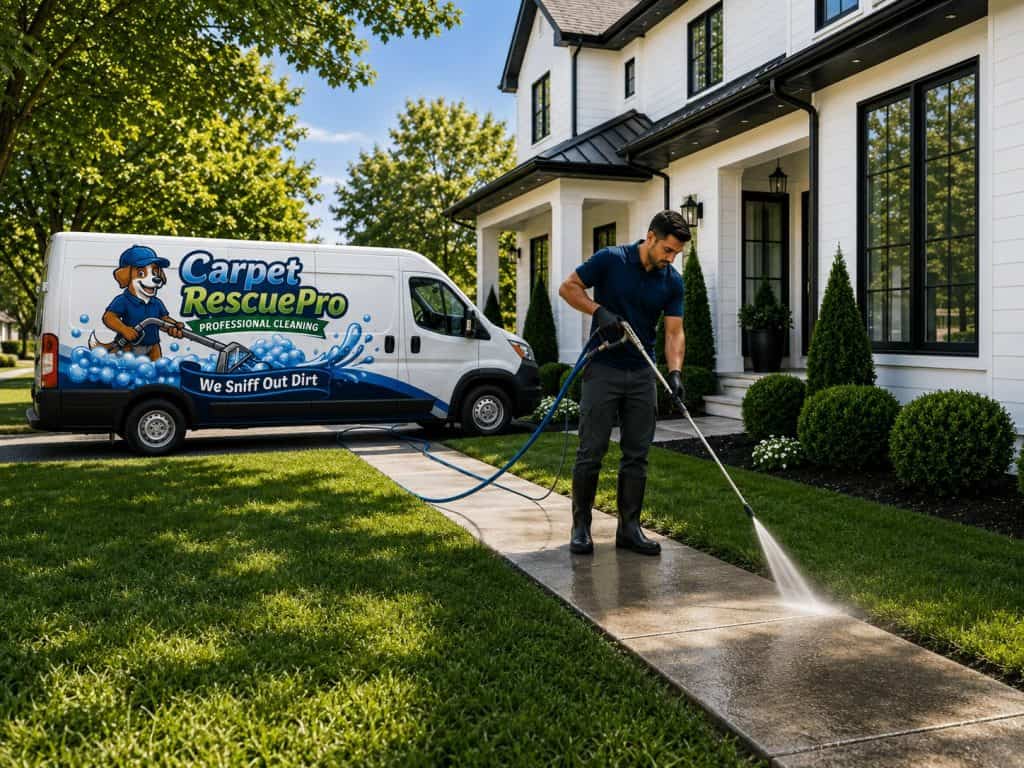 Technician power washing sidewalk outside a modern house.