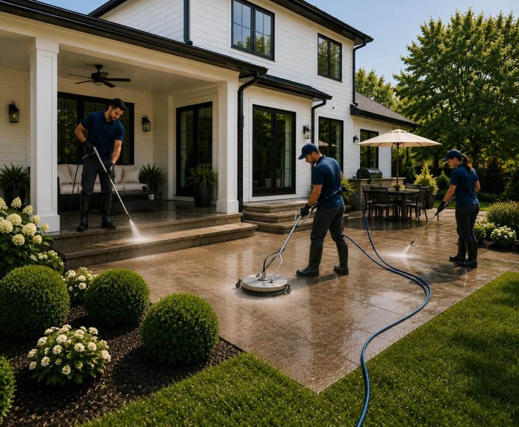Professional power washing of patio and house exterior by Carpet Rescue Pro.
