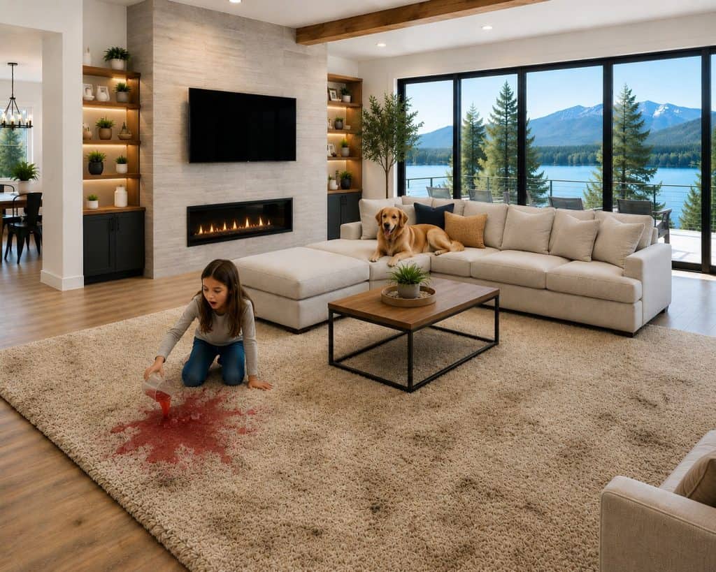 Child and dog on clean carpet in bright living room with lake view.