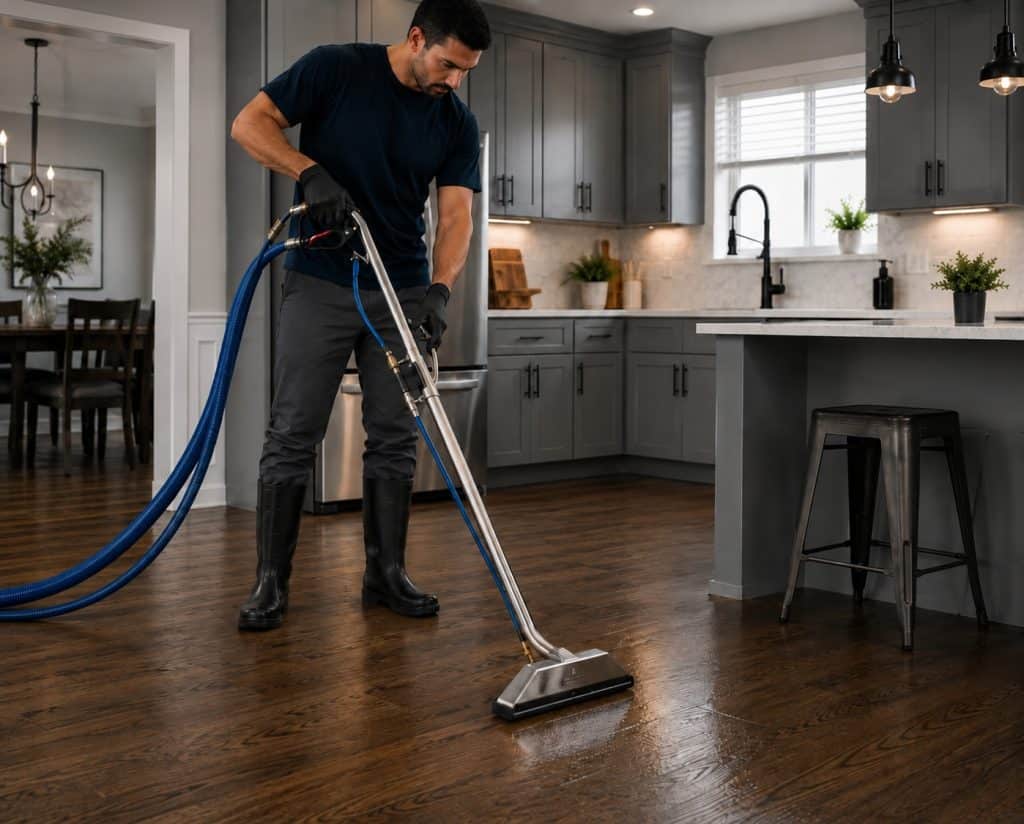 Man cleaning dark hardwood floor with professional equipment in modern kitchen.