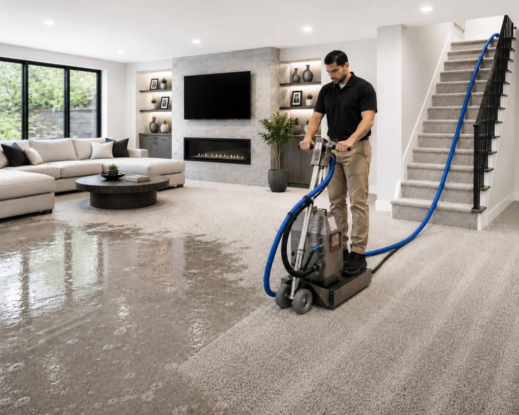 Professional water extraction service in a contemporary living room.