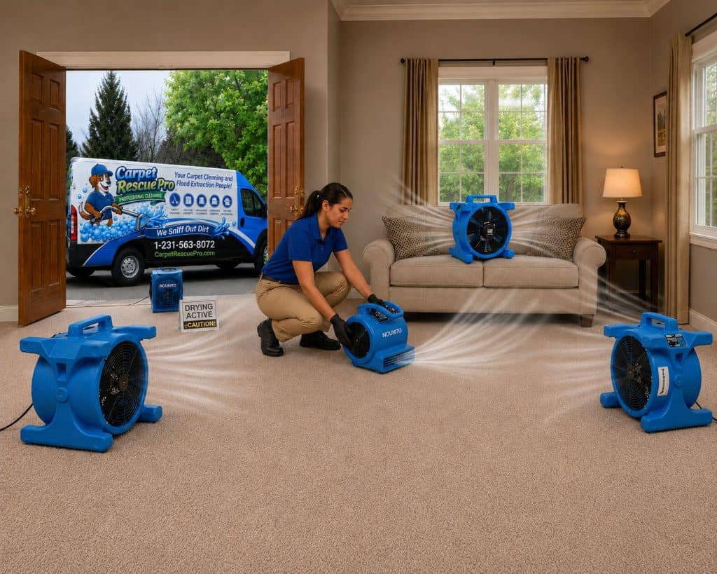 Professional carpet cleaning using industrial fans in a living room.