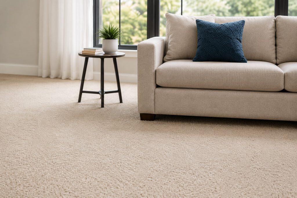 Clean beige carpet in living room with sofa and window view.