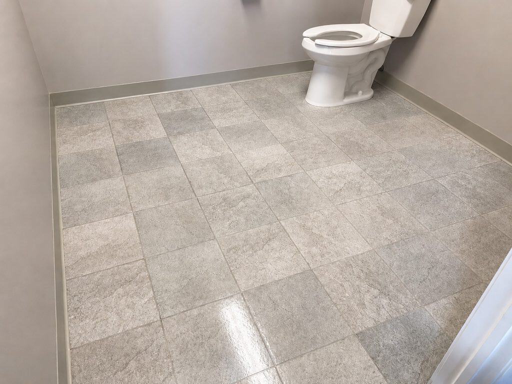 Freshly cleaned restroom floor with new tile and a toilet.