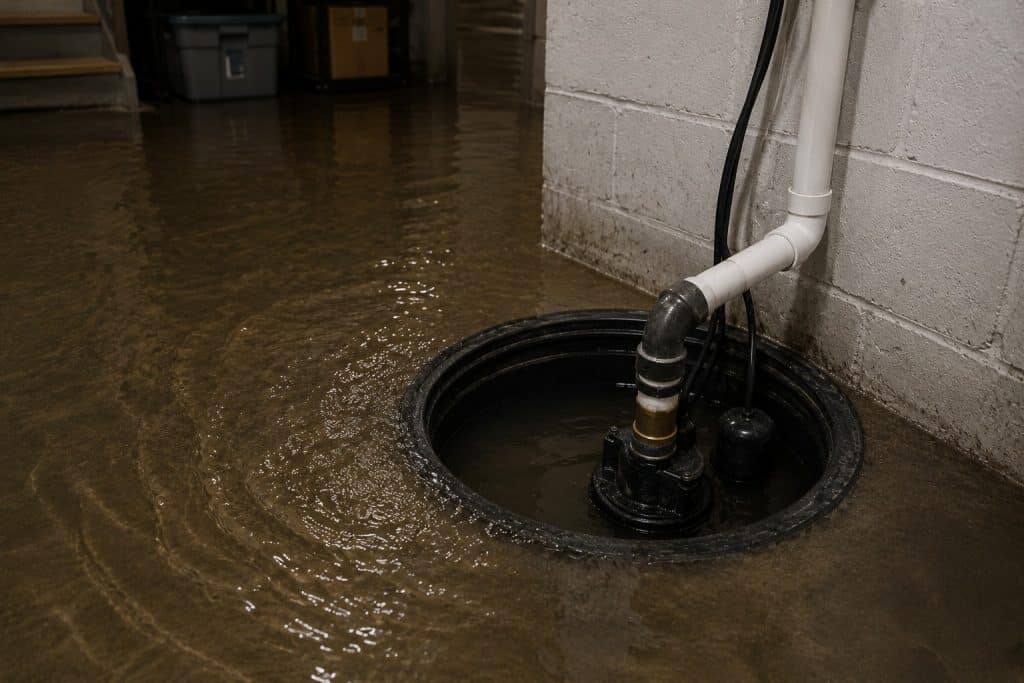 Water extraction pump removing water from flooded basement floor.