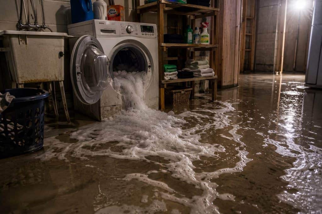 Flooded laundry room with washing machine and water on the floor.