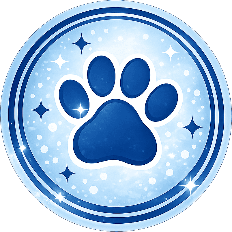 Blue paw print badge with sparkles for pet-friendly carpet cleaning.