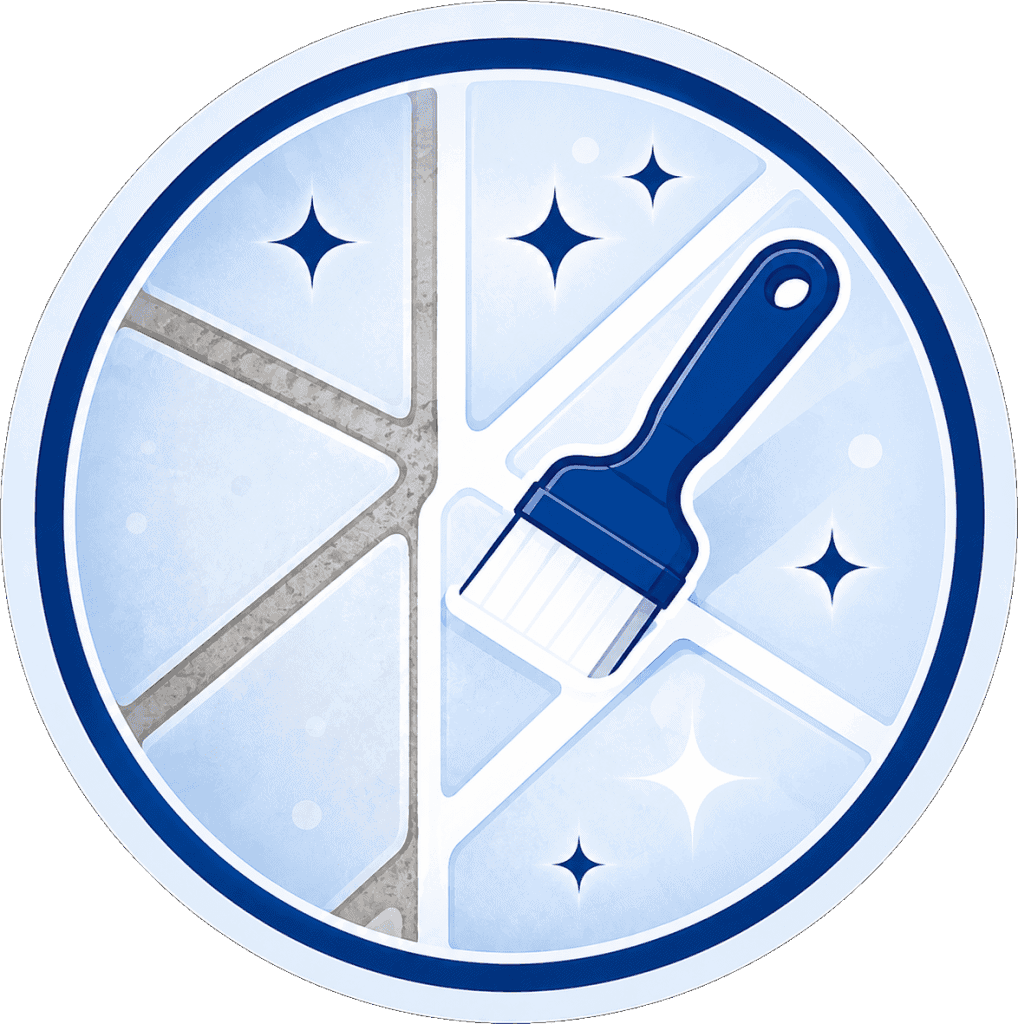 Icon of a cleaning brush and sparkling tiles for grout cleaning.