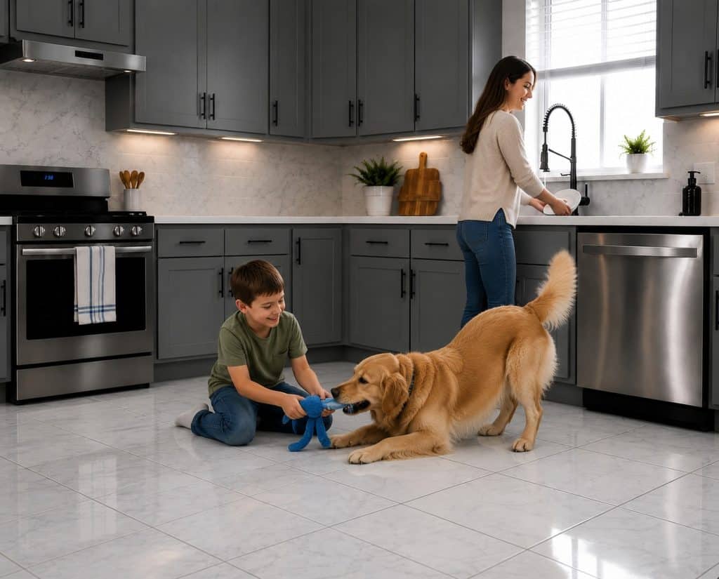 Family cleaning kitchen with dog and child playing with toy in modern kitchen.