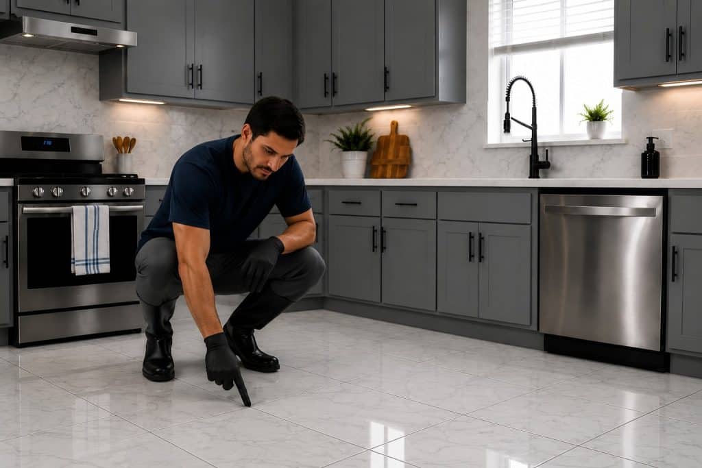 Man cleaning tiled kitchen floor with professional equipment.