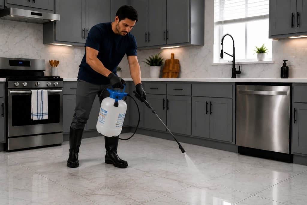 Man using spray equipment for tile and grout cleaning in kitchen.
