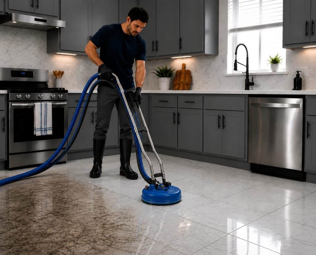 Man using carpet cleaning machine in modern kitchen.