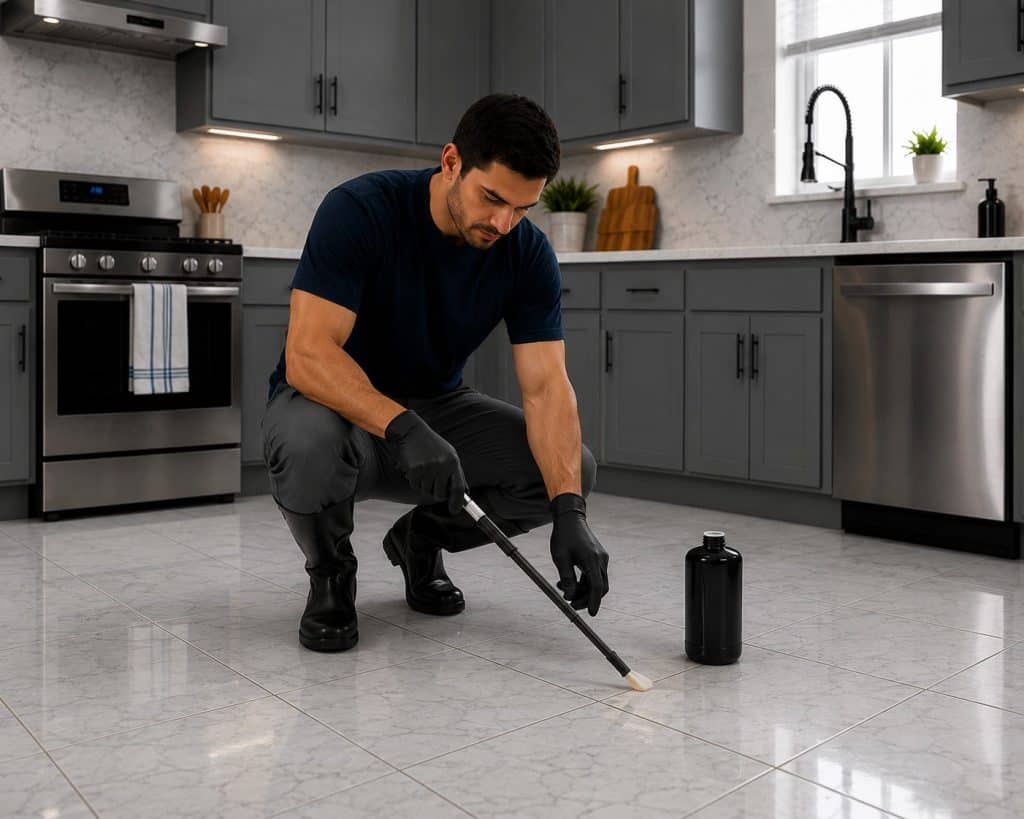Technician cleaning tile grout in modern kitchen for optimal hygiene.