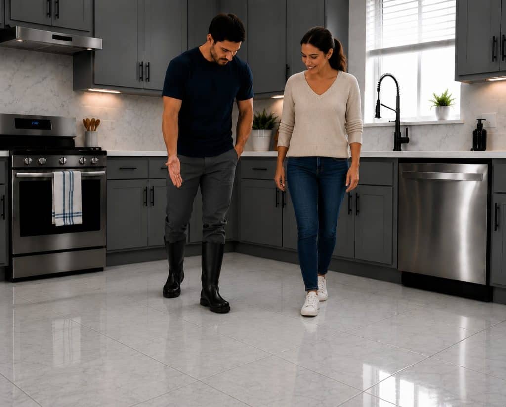 Man and woman inspecting kitchen floor for damage or stains.